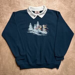 Vintage 90s Top Stitch Chickadee Bird Embroidered Winter Collared Sweatshirt